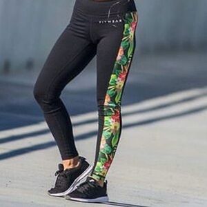 Fitwear - Floral Side-Stripe Black Leggings